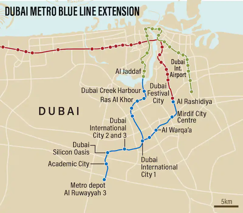 Dubai Metro Blue Line: NEW Metro Line Extension 2 Dubai Metro Blue Line map showing proposed route, stations, and interchange connections with Red and Green Lines